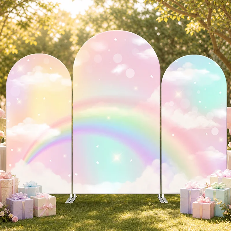 

Rainbow Cloud Pink Theme Arch Backdrop Covers Customizable Design Arch Background Cloth For Children Birthday Party Events
