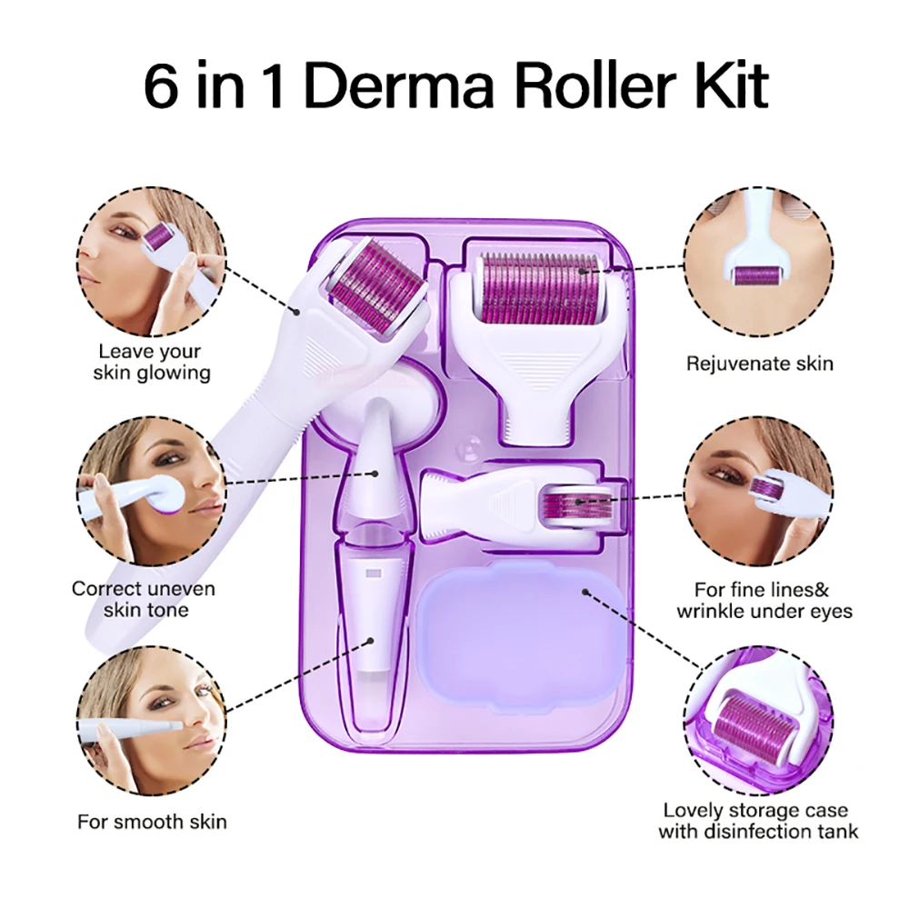 6 In 1 Microneedle Derma Roller Kit Voor Gezicht Oog Lichaam 300/720/1200 Rolsysteem Micronaaldling Gezichtsroller Schoonheidsverzorging Tool