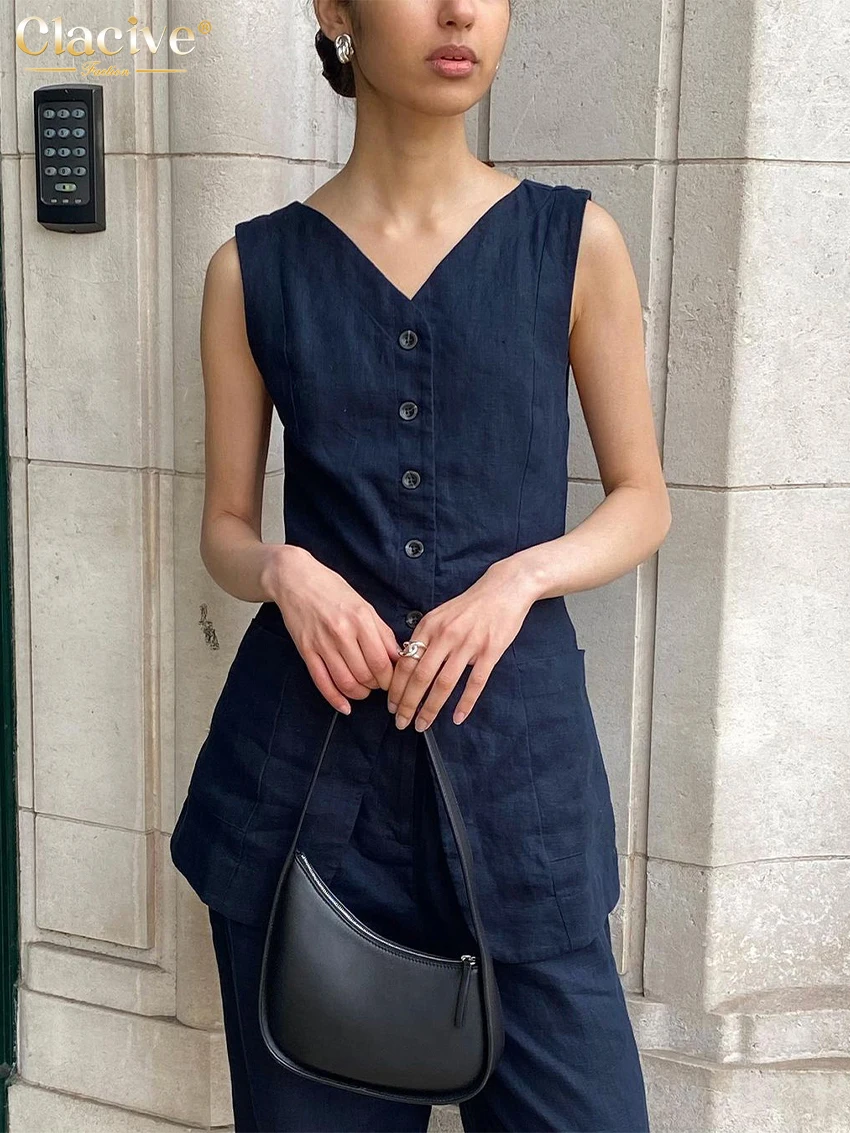 Clacive Summer Slim Navy Blue Cotton 2 Piece Sets Women Outfit 2024 Fashion Sleeveless Tank Top With High Waist Wide Pants Set