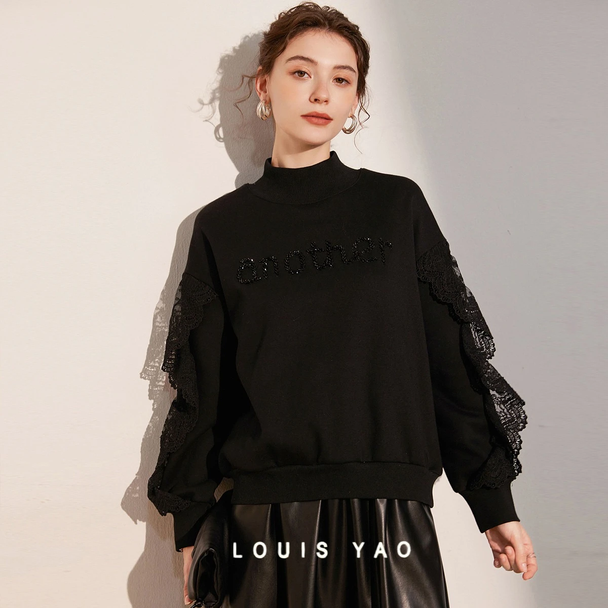 LOUIS YAO 3D Embroidered Splicing Lace Women's Sweatshirts 2025 Winter Top with Thick Velvet  Micro Elastic High Collar Hoodie
