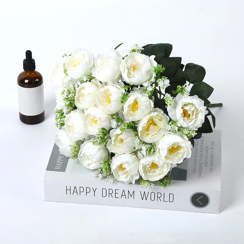 Artificial White Silk Rich Peony Fake Flowers Wedding Photography Bouquets Home Living Room Garden Western Rose Peony Decoration