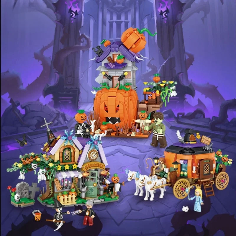 

Halloween hut trip pumpkin carriage halloween haunted house building block small particles assembled toy assembly