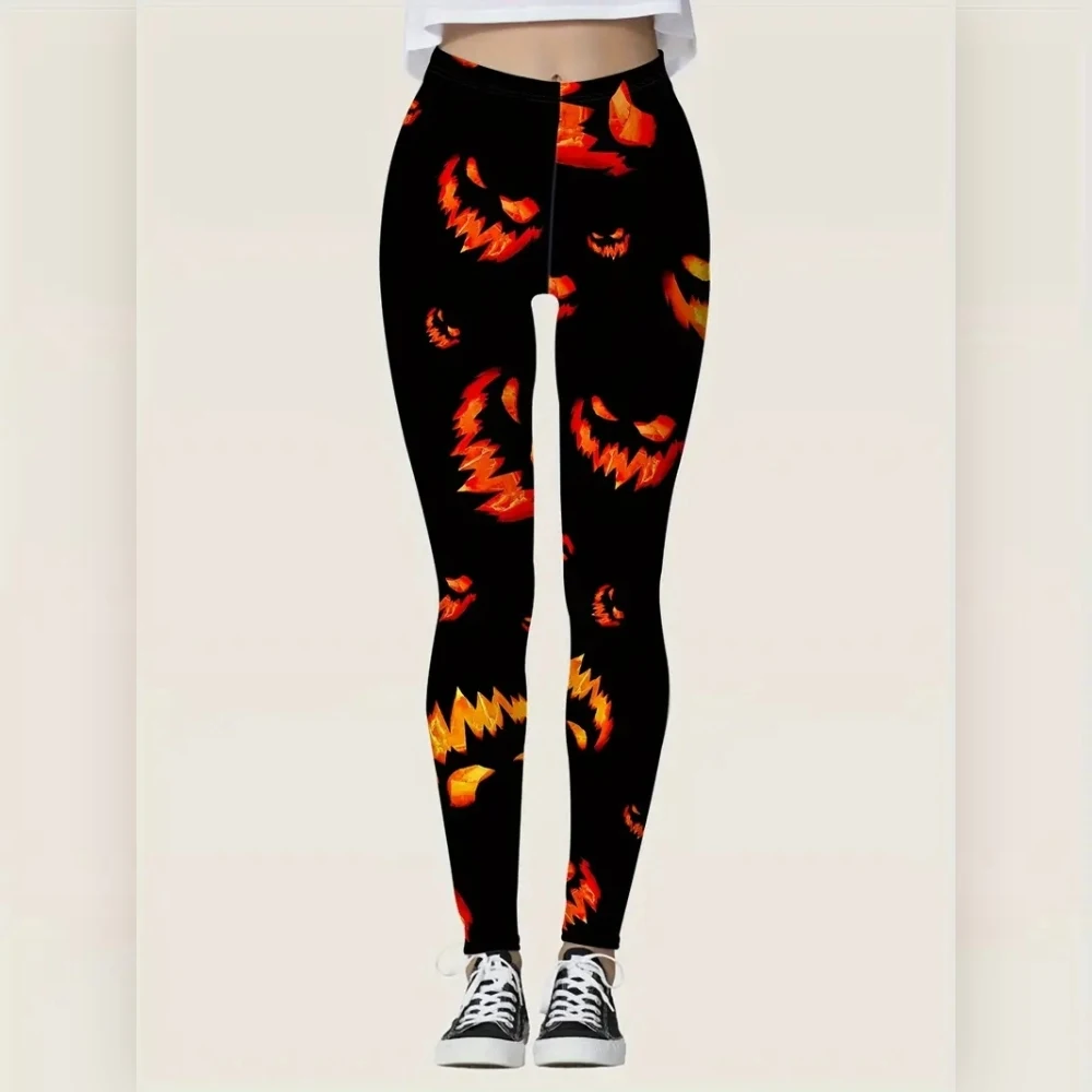 Halloween & Rose Skull Print Elastic elastic waist women\'s casual leggings spring Summer Fall