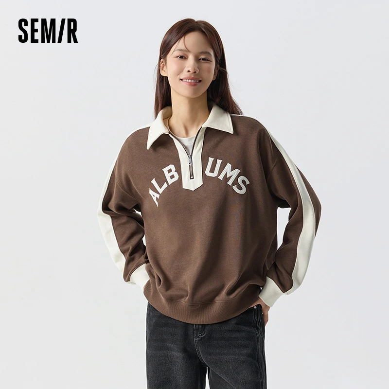 Semir Sweatshirt Women Polo Collar Letter Loose Winter Colorblock Fleece Retro Top