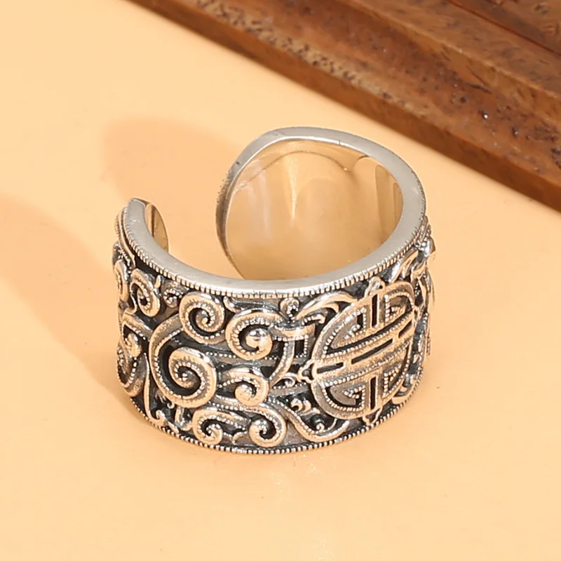 Mongolian longevity pattern open ring old silver personality fashion ring famous ethnic style men 925 vintage Thai silver