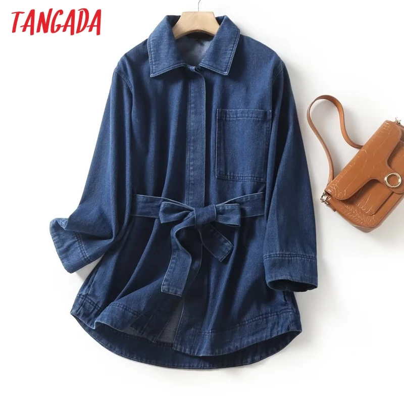 Tangada Women 2023 Oversized Denim Coat Jacket With Slash Ladies Loose Long Outwear 4C355