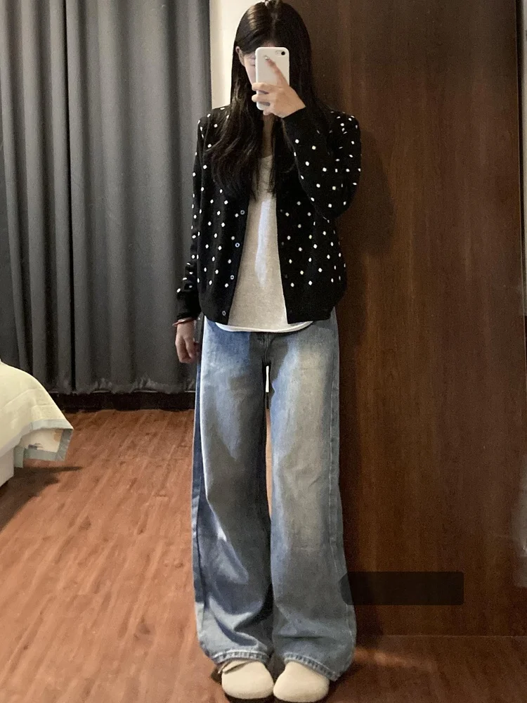 

Новинка Весна 2026: Уютный короткий вязаный кардиган в горошек для женщин, корейский стиль, круглый вырез, длинный рукав, верхняя одежда