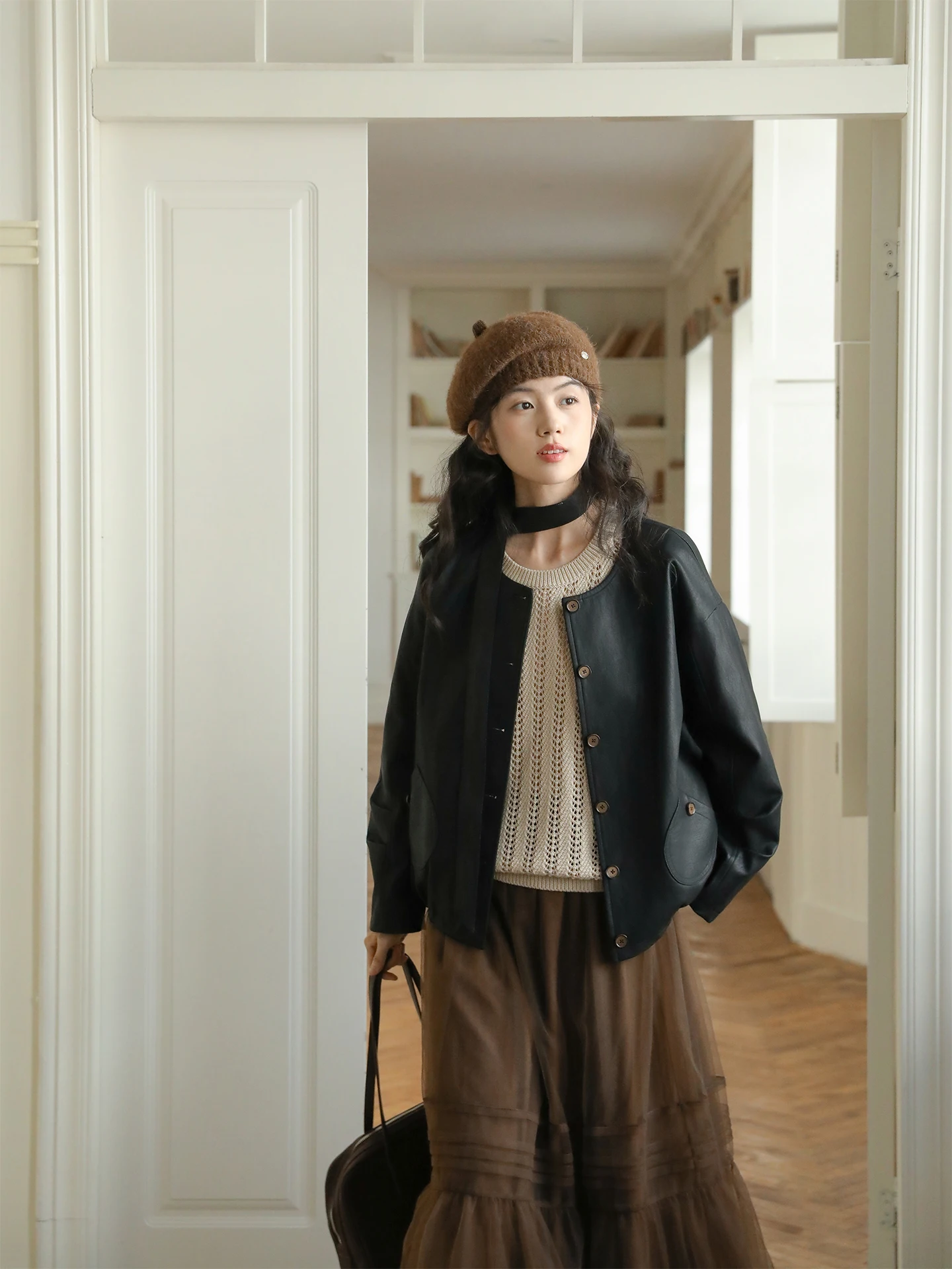 Nesoulum 캐주얼 PU 가죽 자켓 여성용 루즈 라운드 넥 디자인 봄 빈티지 블랙 가죽 코트 여성용 겉옷