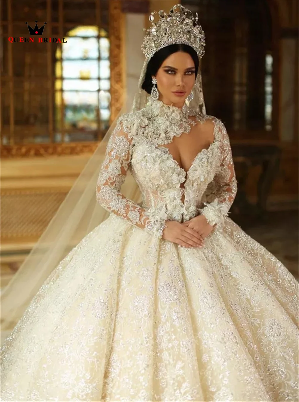 Custom Made Luxury Weddding Dresses 2023 New Ball Gown Long Sleeve Tulle Lace Crystal Flowers Formal Bridal Gowns SD21