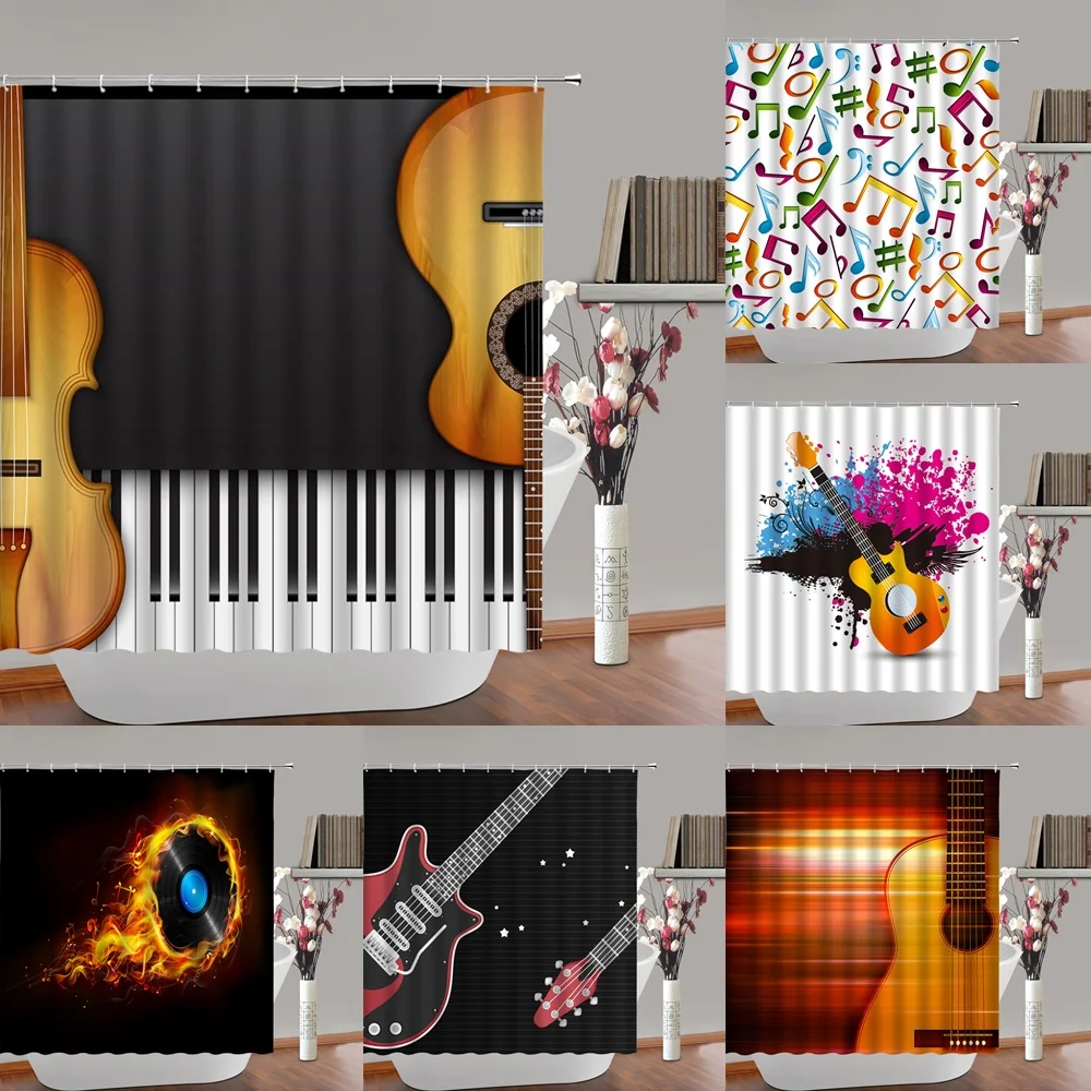 

Music Shower Curtain Guitar Musical Notes Black White Piano Key Record Cloth Fabric Bathroom Curtains Set Home Decor with Hooks