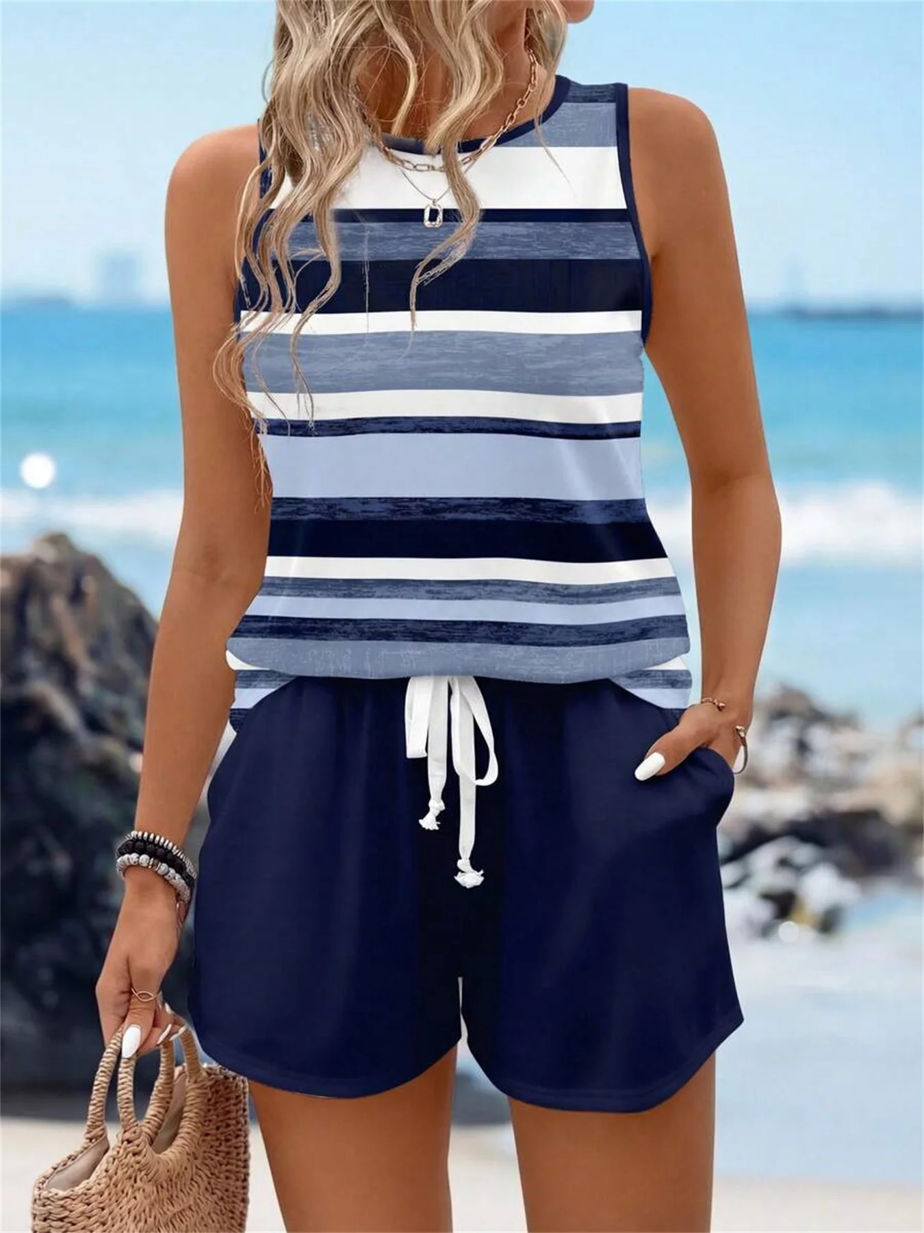 Women's Spring/Summer Fashion Two-Piece Set - Striped Print Sleeveless Vest + Printed Shorts Two-Piece Set