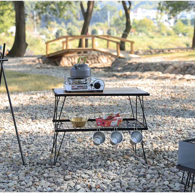 

Outdoor Folding Net Table Portable Iron BBQ Camping Picnic Table Drain Rack Grid Bamboo Board Metal Tableware