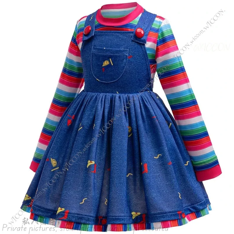 Kostüm Geist Hosenträger Kleid Kinder Kind 90-140CM Horror Film Goldene Perücke Halloween Party Chucky Disguise Seta; 2'k, 8;c'