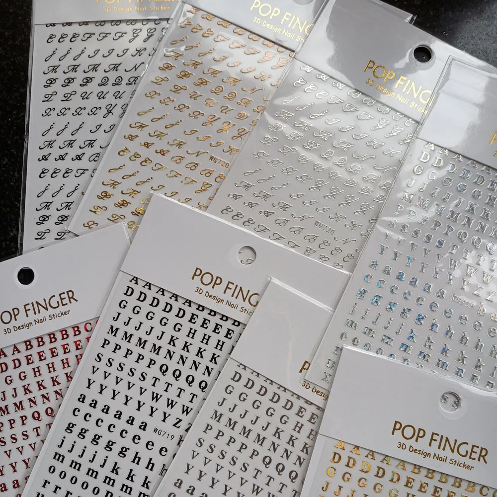 Etiqueta do alfabeto Inglês para a arte do prego, decalques 3d, auto-adesivo, ouro/prata/laser, letra vermelha, 1 parte