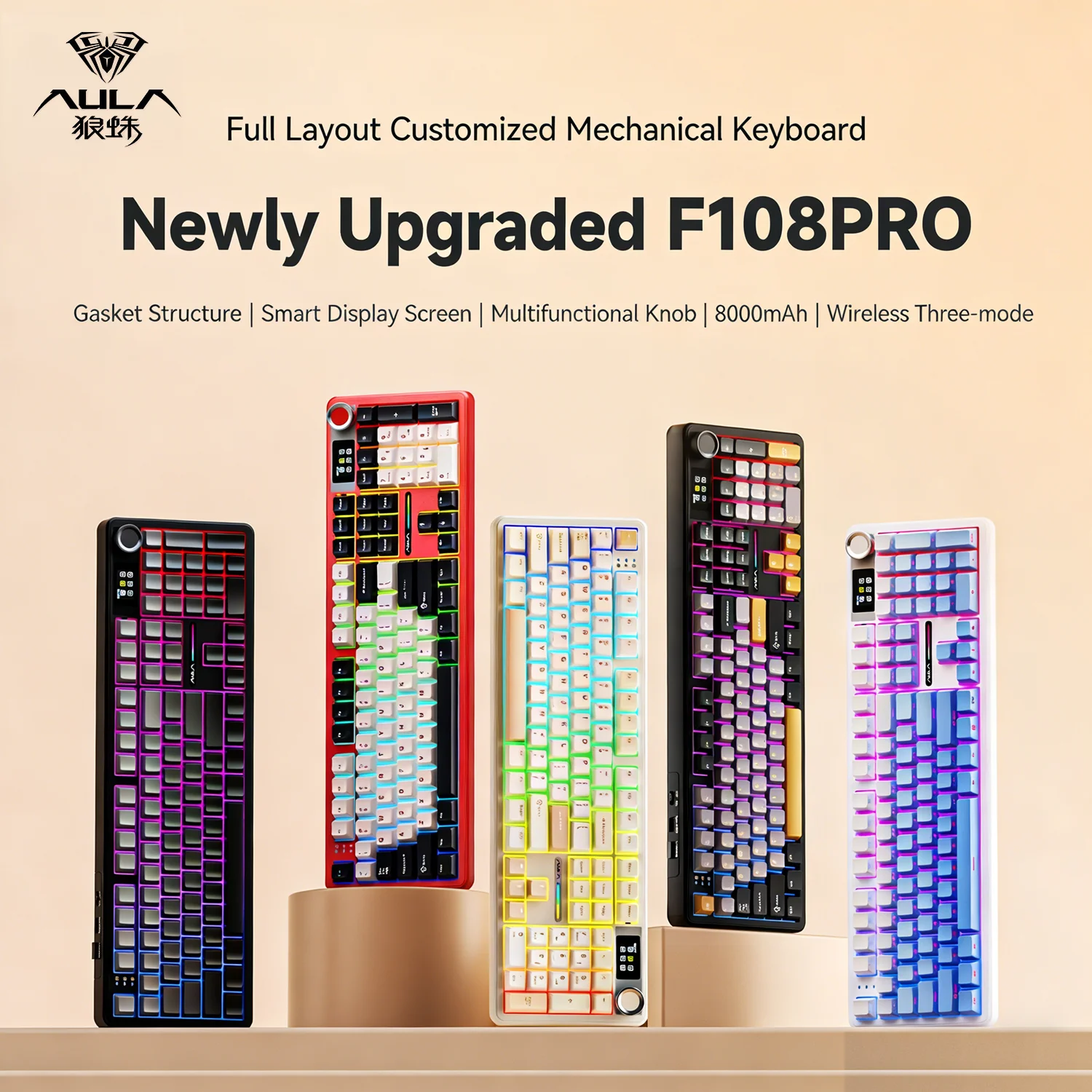 AULA F108PRO Mechanical Keyboard Tri-model Hot Swappable 8000mAh RGB PBT Keycaps Creamy Sounding Pre-lubed Switches PC Keyboard