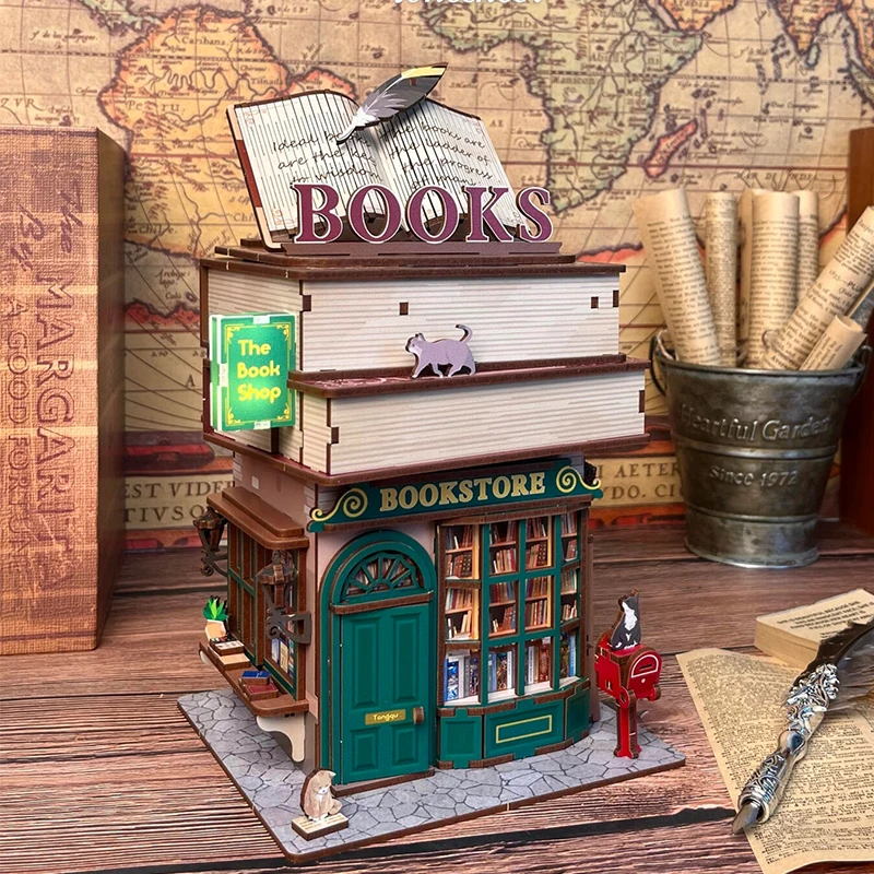 DIY 3D Wooden Puzzle Time Bookstore Storage Box Cottage Miniature Model Kits Casa Jigsaw Puzzles for Friends Birthday Gifts