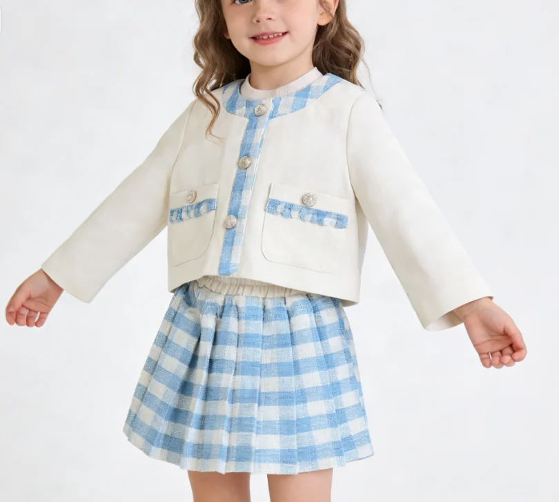 New Girls Suit Spring and Autumn New Women's Treasure Foreign Style Coat Blue and White Plaid Skirt Two-piece Set