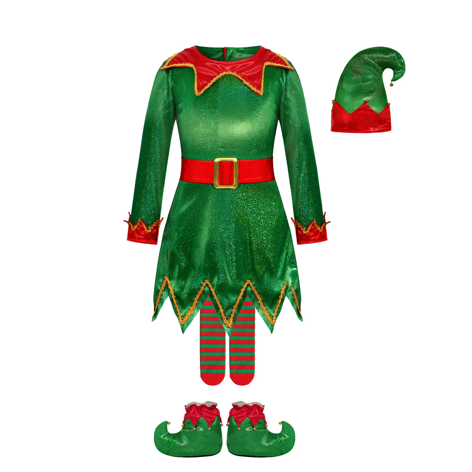 أطفال بنات عيد الميلاد قزم فستان مُصمم حسب الطلب مع حزام قبعة تخزين الأحذية يغطي عيد الميلاد السنة الجديدة كرنفال سانتا مساعد تأثيري الملابس #6