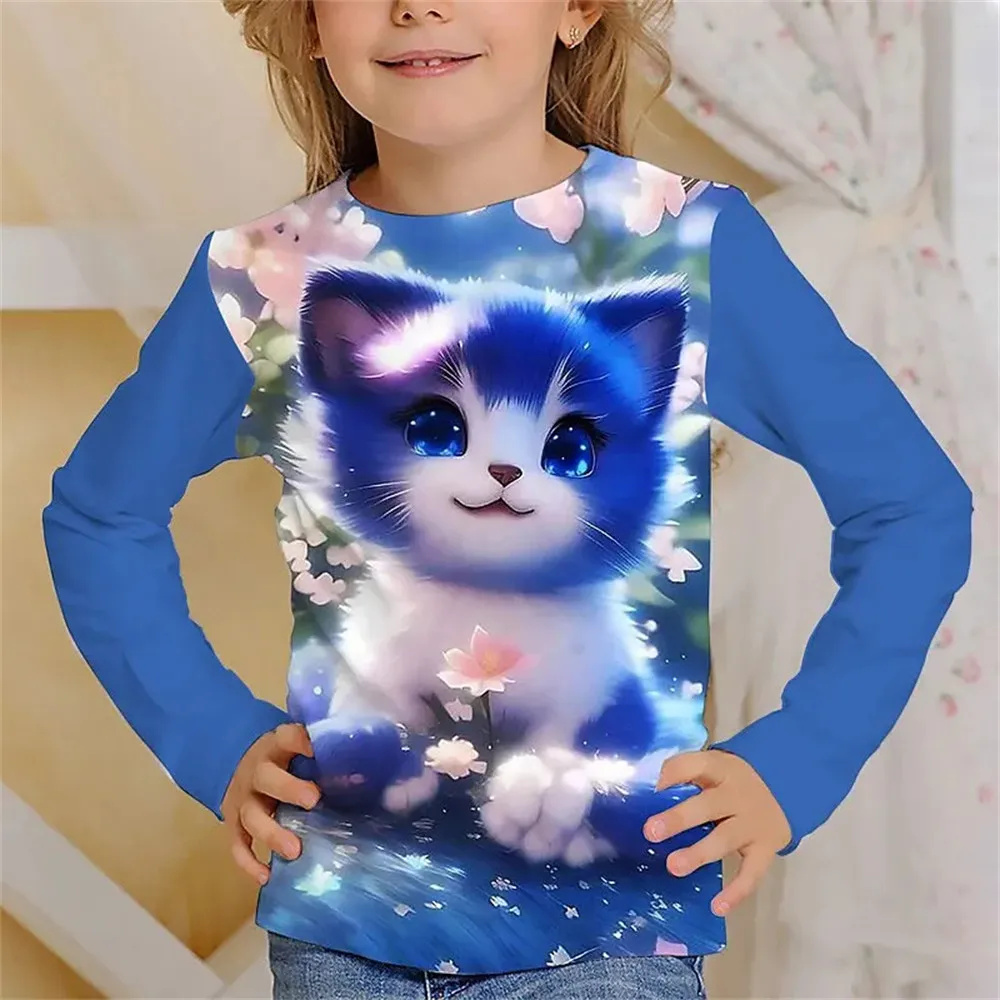 T-shirt de gato e tigre infantil, mangas kawaii, blusa com decote em o, camiseta fofa para menina, roupas infantis, outono, 2023