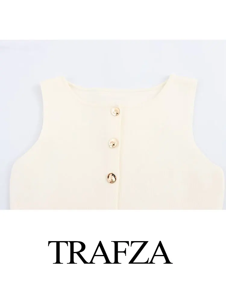 TRAFZA Women Summer Knitted Vest Fashion Golden Button Vests for Women 2024 Summer Sleeveless Coat Elegant Chic Waistcoat Tops