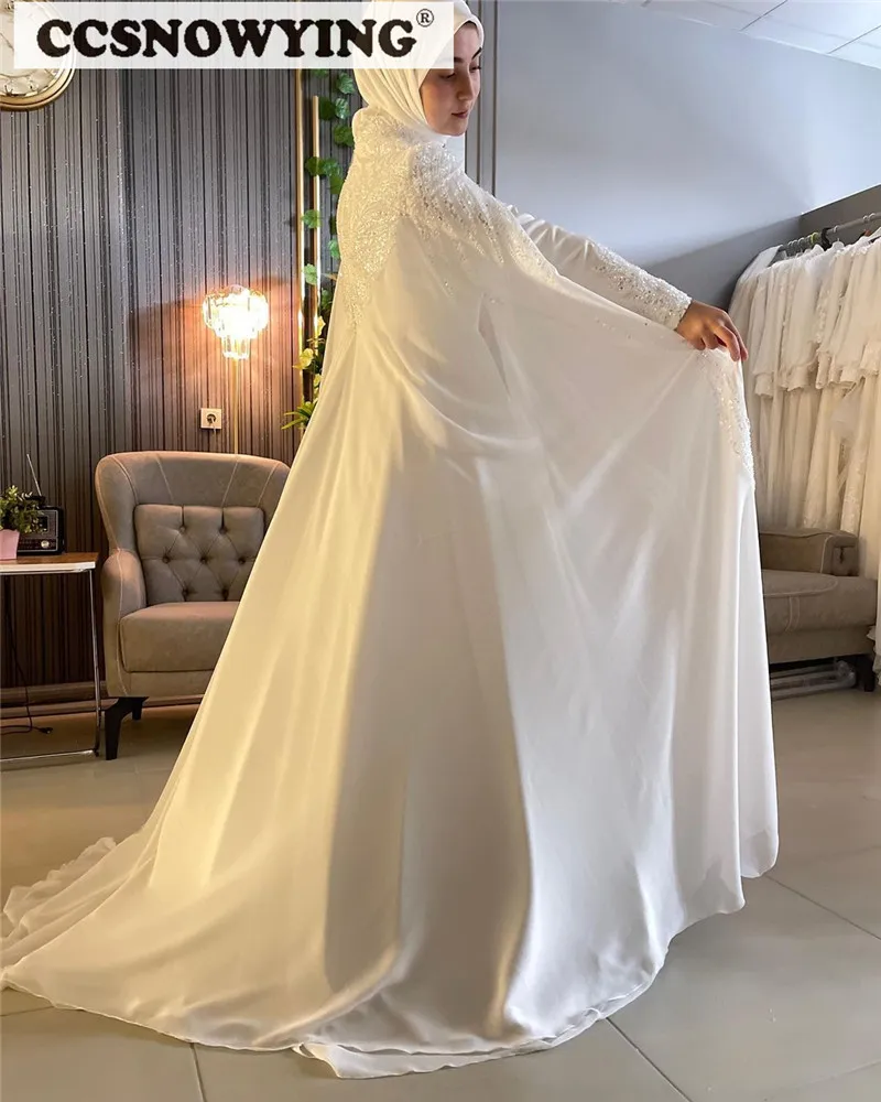 Elegante Chiffon Kralen Lovertjes Trouwjurken Voor Bruid Met Cape Lange Mouw Islamitische Bruidsjurk Arabic Dubai Robe De Mariée