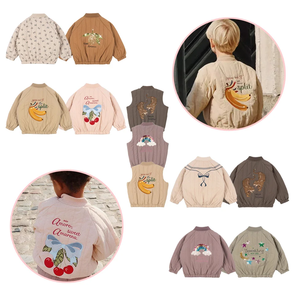 

2025 KS Children Outerwear Lamb Fur Coat Cut Kitten Swan Bow Beetle Pattern Jacket for Girls Winter Kids Clothing 18M-9Y
