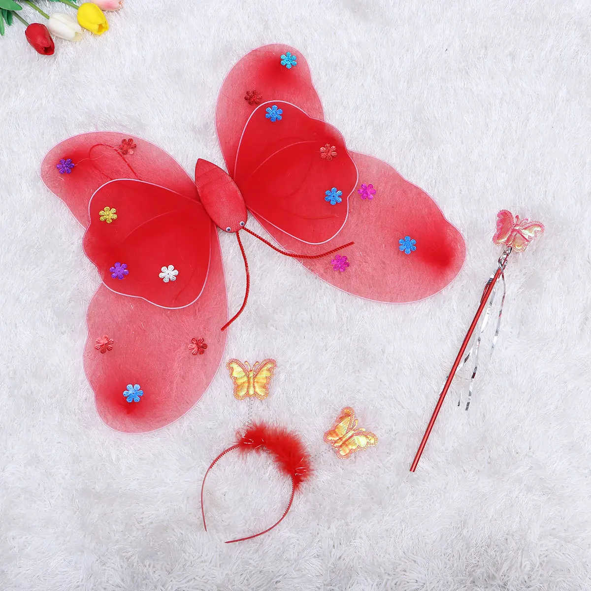 3 pièces LED éclairer ailes de fée rouge Double couche bretelles élastiques bandeau baguette ensemble filles Costume fête habiller ensemble de fée