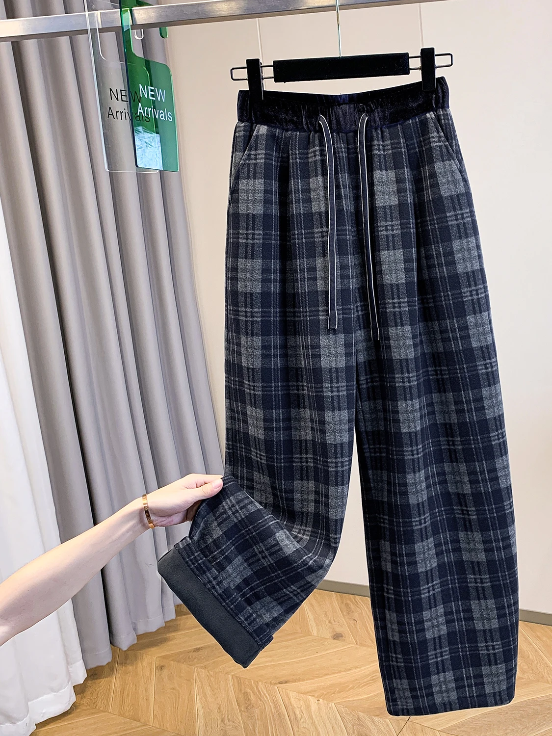 

Женские свободные вязаные широкие брюки большого размера в стиле ретро, повседневные утягивающие длинные брюки с цветным тканым рисунком и эластичной резинкой на талии