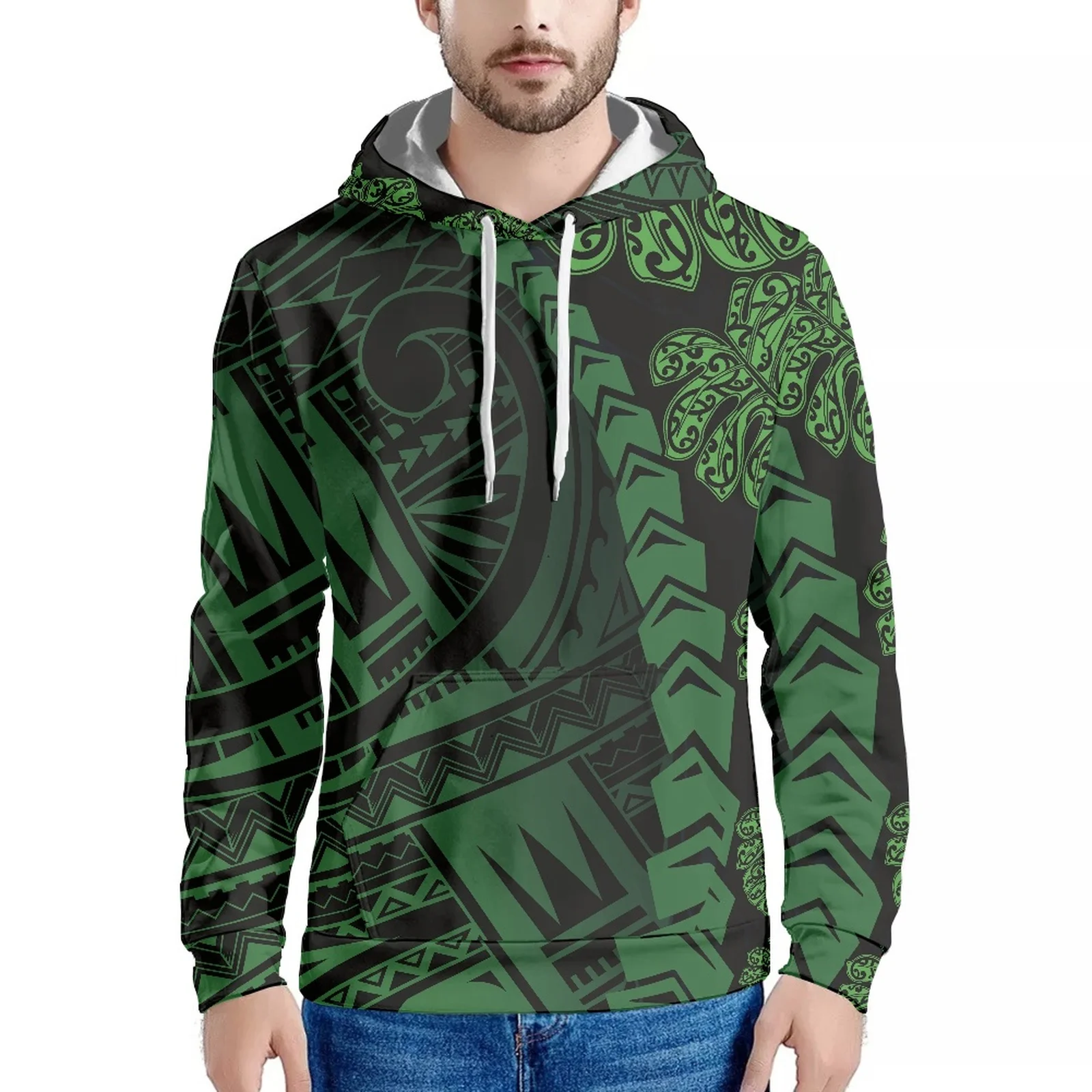 

New Green Tribal Pattern Hawaiian Polynesian Samoa Style Fashion Sweatshirt Long Sleeve Hoodie Slim Men Warm Hoodie Fall Style