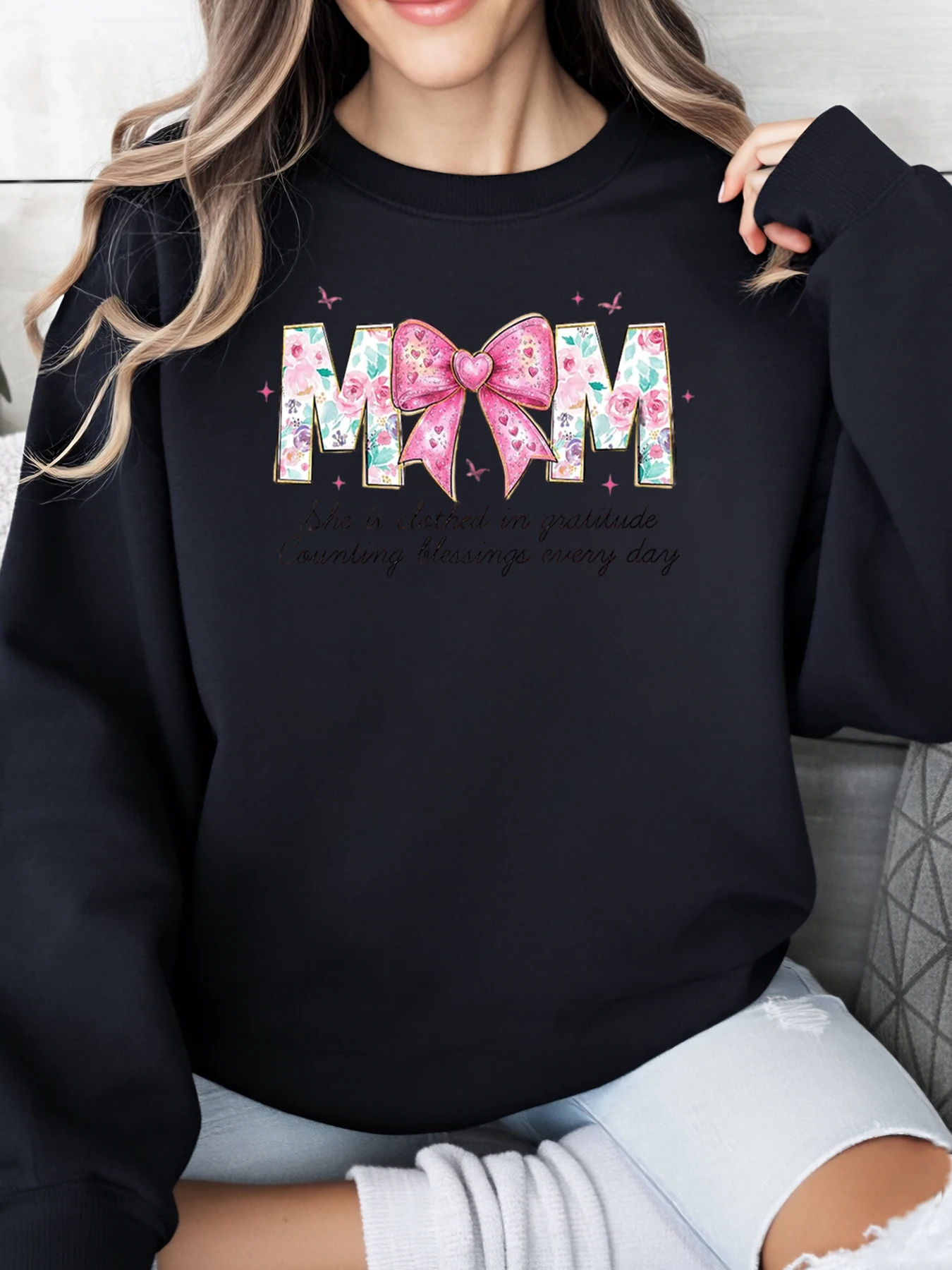 الأزهار أمي القوس طباعة البلوز عيد الأم لباس غير رسمي المرأة صالة المنزل الأسود حجم كبير