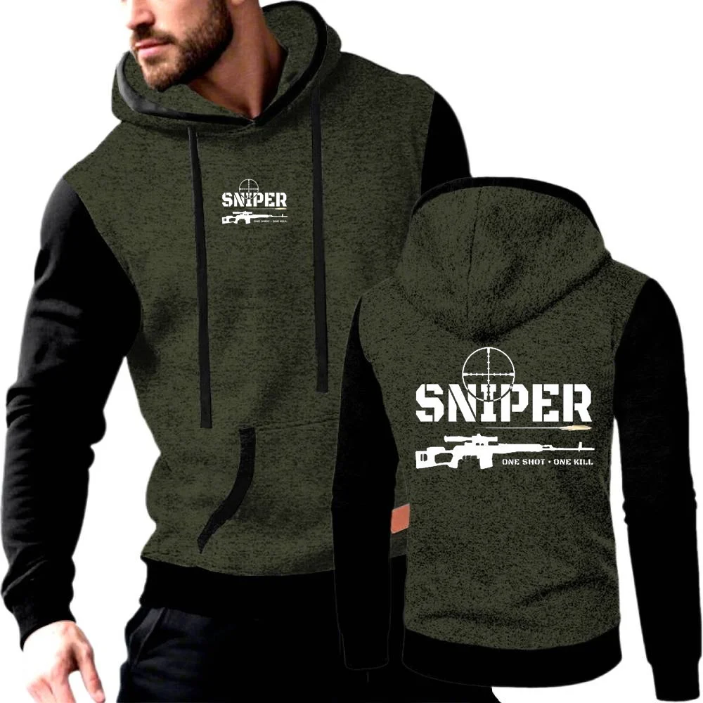 Sniper One Shot One New Men's Hoodie Color Matching Hoodies Sweatshirt Fleece Hooded Pullover Coat Men Jacquard Sweater Jacket