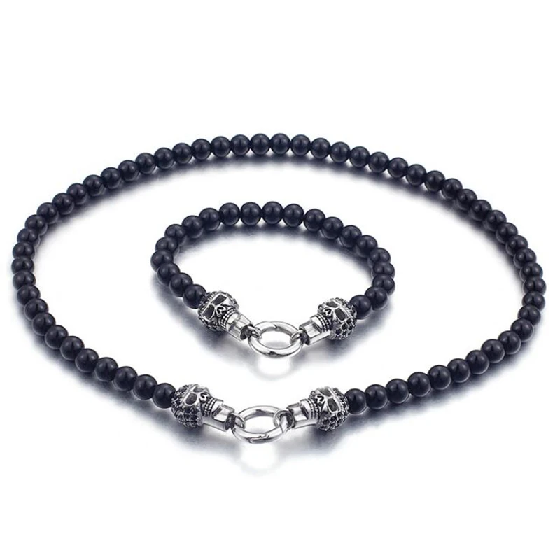 

8mm Punk Retro Skull Necklace Bracelet Men Women Hiphop Stainless Steel Black Ball Bead Chain CZ Rhinestones Choker Jewelry