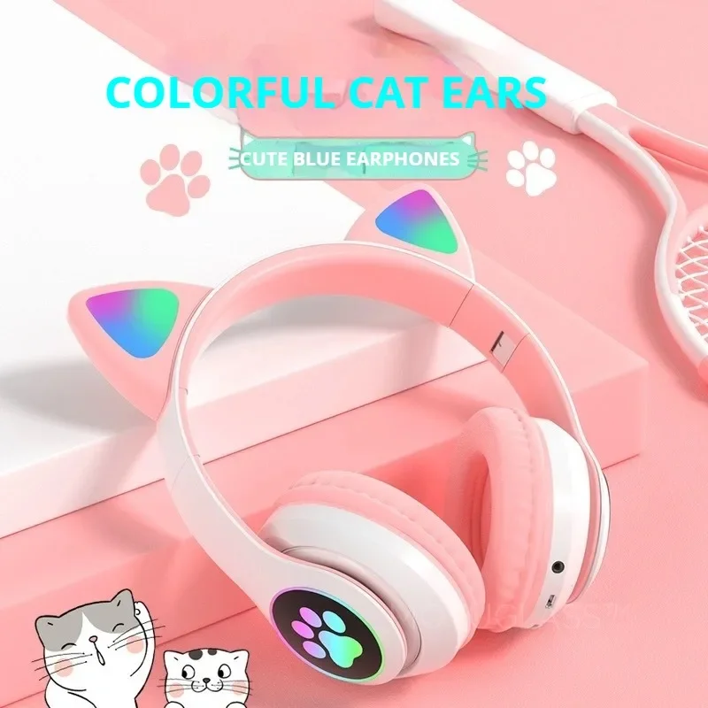 Cute Bluetooth Cat Headphones Glowing Wireless Earphones with Mic Built in for Kids Girls Students Children Ideal Christmas Gift