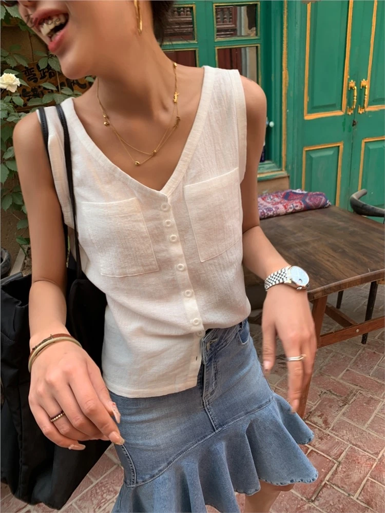 Casual Women Thin Cotton Summer Vest 2024 New V-neck Pocket Single Breasted Office Lady Tank Beige Black Fashion Sleeveless Top