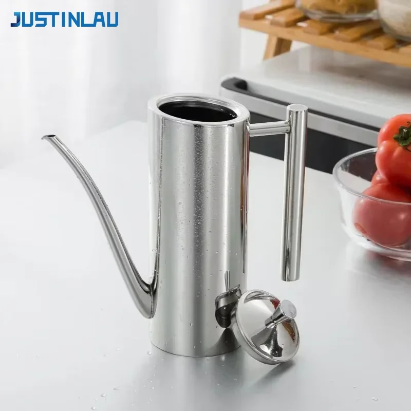 JUSTINLAU-Recipiente de aceite de acero inoxidable de 500/700ml, a prueba de polvo y fugas, contenedor para aceite, salsa, vinagre, condimentos, utensilios de cocina