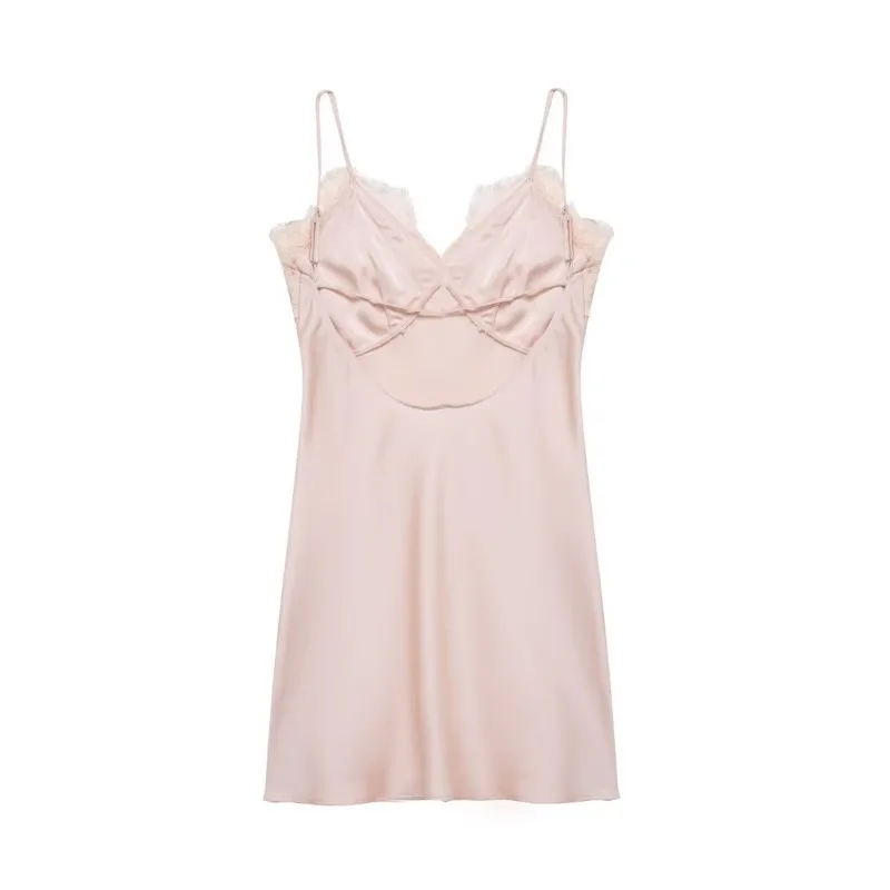 Abito corto in raso di pizzo da donna primavera estate Abito longuette da donna con spalline sottili senza schienale sexy Cerniera laterale Abiti femminili chic eleganti