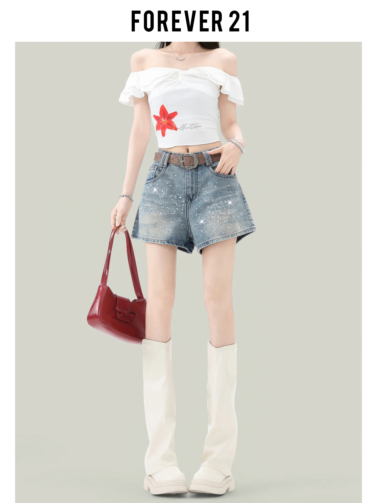 Shorts de Mezclilla Anchos con Pedrería Azul de Forever 21, Shorts Casuales de Cintura Alta para Mujer, Ajuste Holgado, Verano