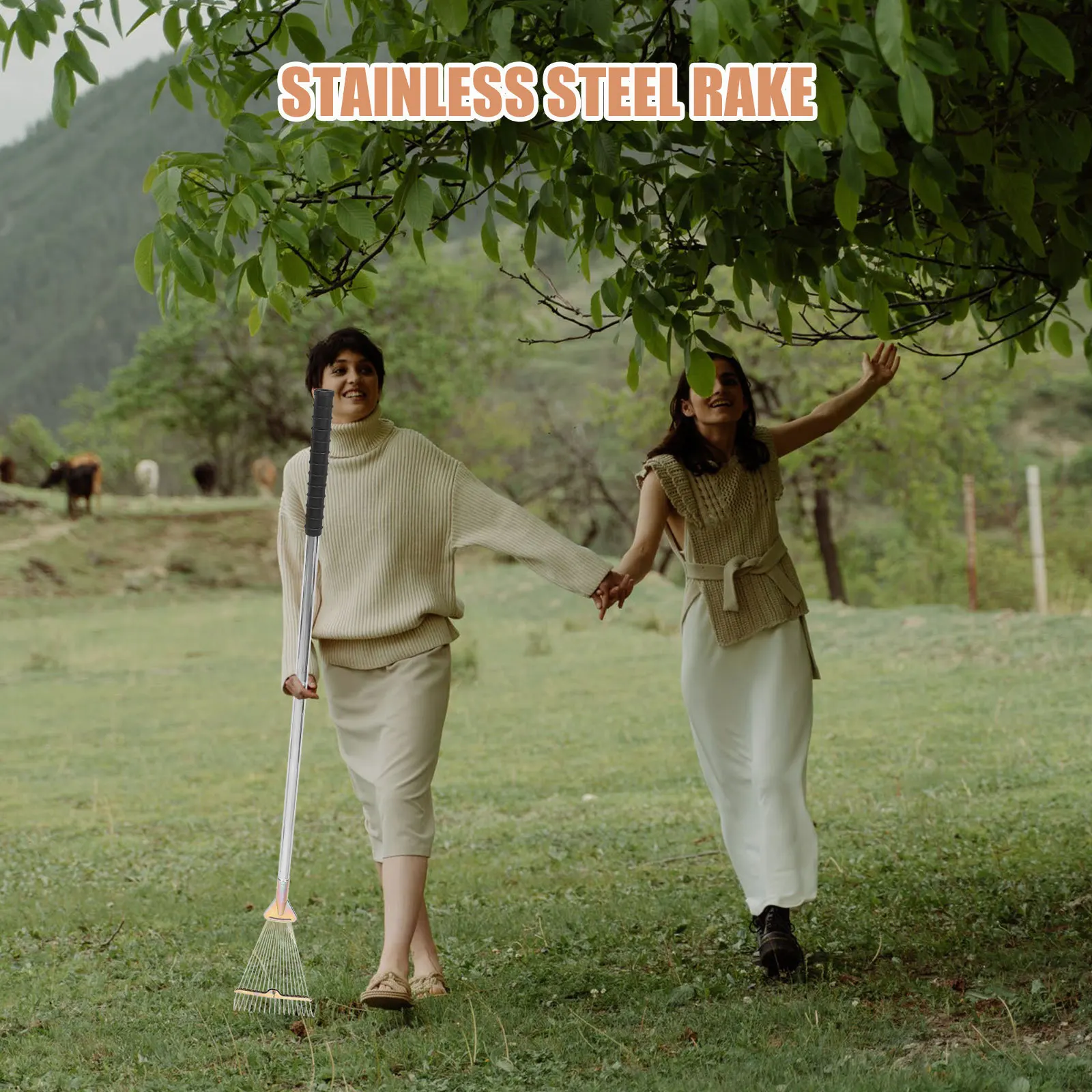 Wytrzymały grabie ogrodowe ze stali nierdzewnej, 18 zębów, efektywne zbieranie, przenośny uchwyt, wygodna konstrukcja do trawników, podwórek i ogródków kwiatowych.