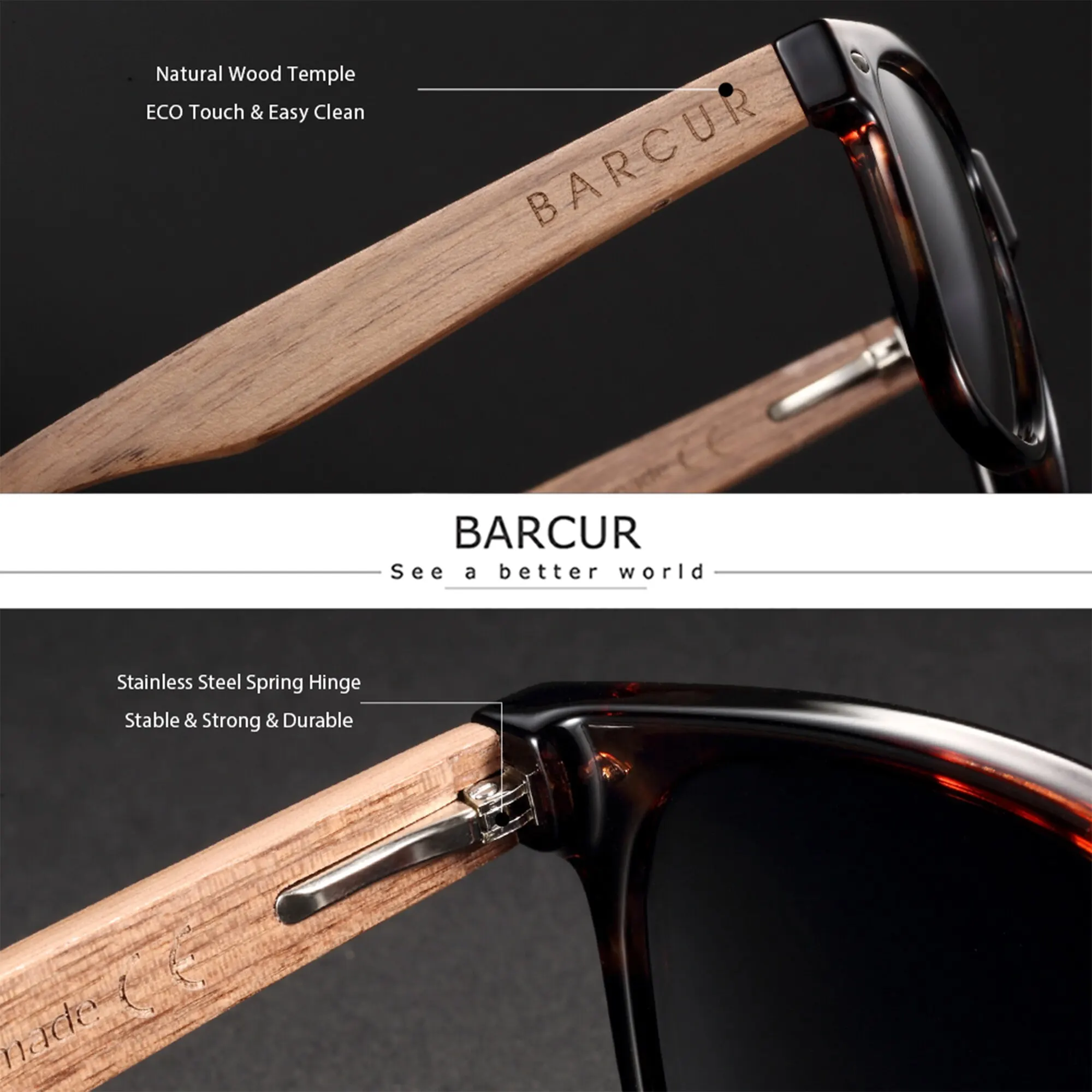 BARCUR Natural Wooden Sunglasses Polarized Mens Sun Glasses Black Walnut Eyewear UV400 Protection