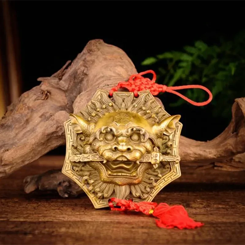Pure Copper Chinese Crafts Lion Head Sword Pendant with Bagua Mirror for Porch Chinese Gate Decor Traditional Artwork