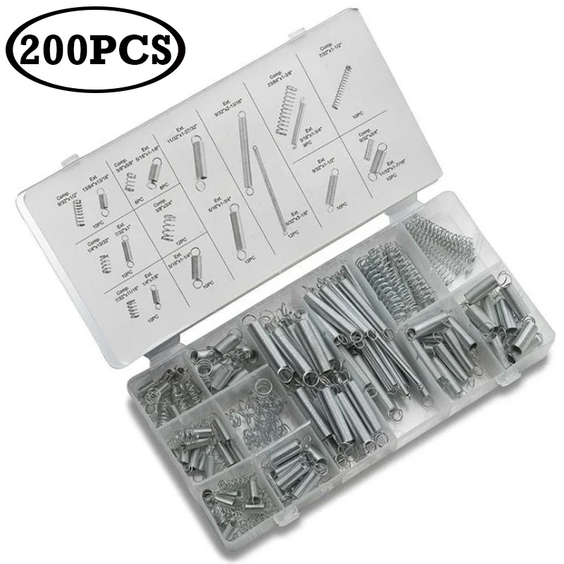 200pcs Metal Steel Spring Set Compression and Extension Springs Kit Portable Hardware Tools Plastic Storage Box Tool Accessories