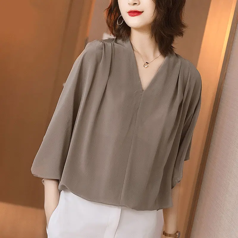 Elegant V-Neck Solid Color Batwing Sleeve Loose Blouse 2022 Summer New Office Lady Tops Oversized Casual Women\'s Clothing Shirt