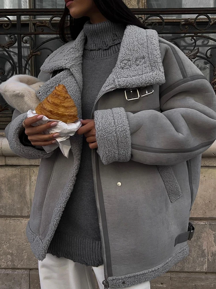 Winter Thicken Lamb Fur Wool Jacket New Splicing Streetwear Motorcycle Biker Coat Women Warmer Sheepskin Loose Outerwear
