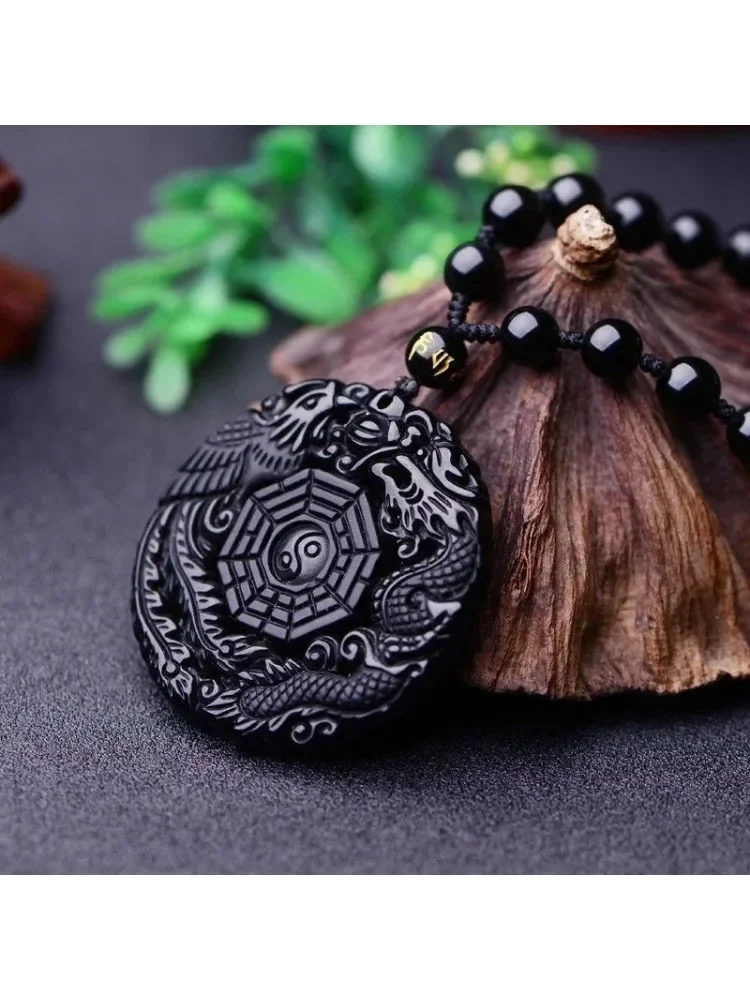 Naturalny czarny obsydian Smok Feniks Wisiorek Koraliki Naszyjnik Moda Urok Biżuteria Ręcznie rzeźbione Amulet Prezenty dla Niej Kobiety Mężczyźni — zdjęcie 2