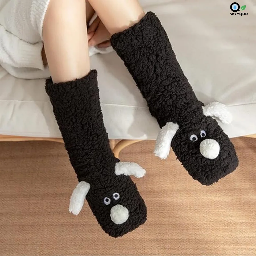 

1 пара зимних теплых плюшевых носков с рисунком собаки 3D, теплые и мягкие для домашнего использования, нескользящие носки-тапочки с милым животным дизайном