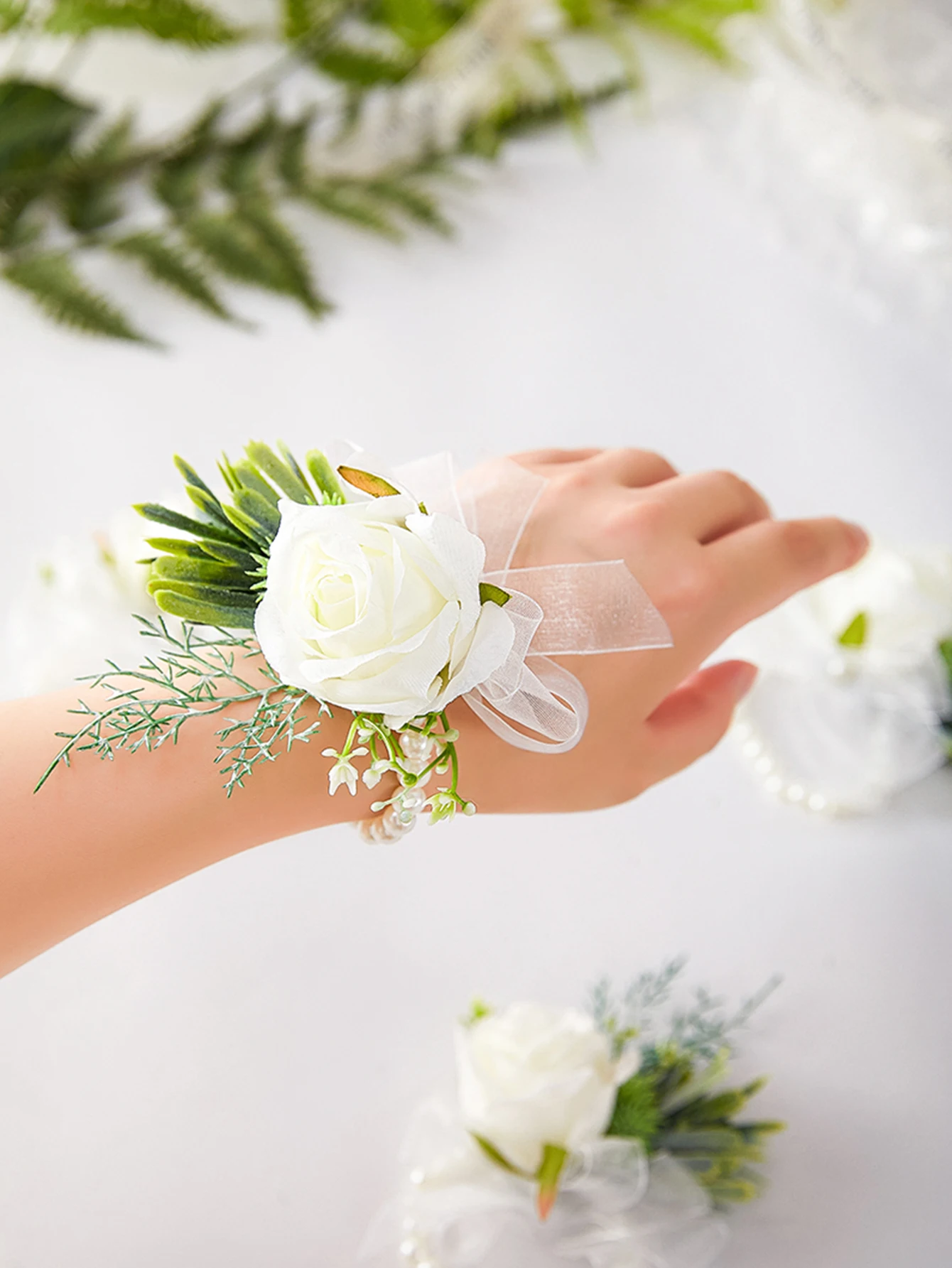 Exquisite Artificial Peony Rose Wrist Corsage Handmade Bride Wristband Men Boutonniere for Groom Wedding Party Prom Suit (Ivory)