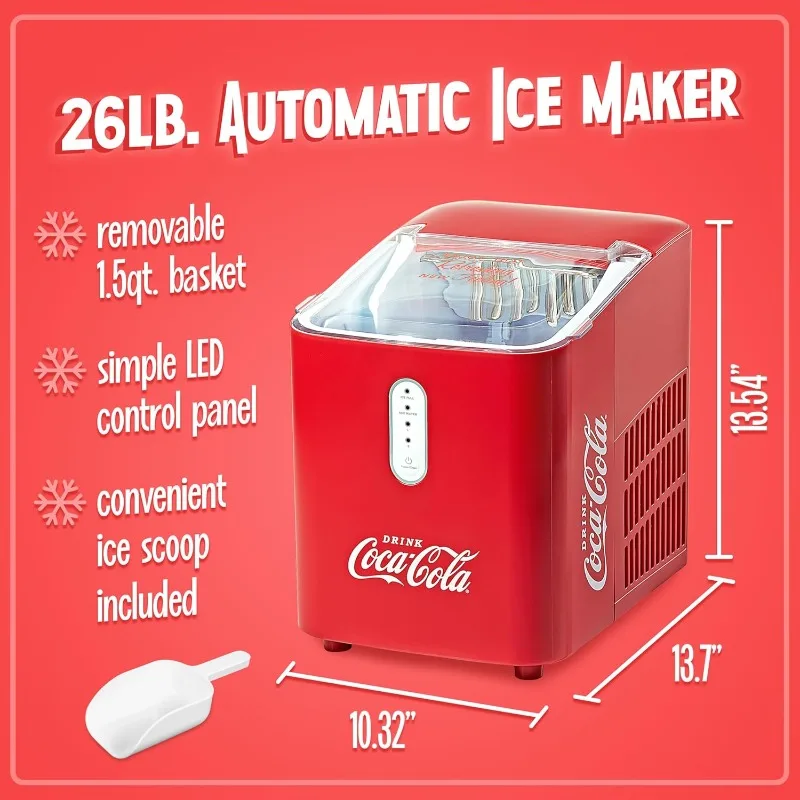 Coca-Cola Automatic Ice Maker, Self- Cleaning, Countertop Size, 26 Pounds in 24 Hours, 9 Large or Small Ice Cubes in 7 Minutes,