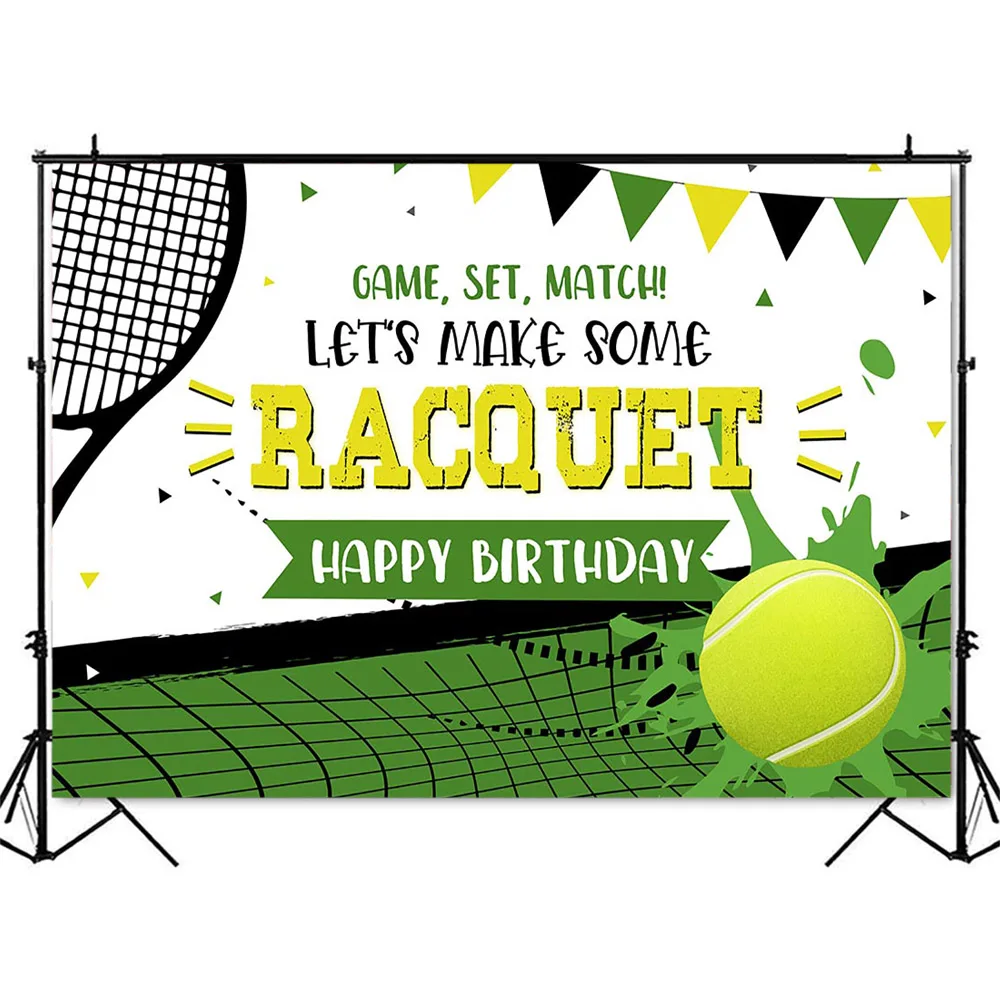 Tennis Balls Happy Birthday Backdrop for Party Decoration Racquet Net Volley Match Court Forehand Backhand Photo Background