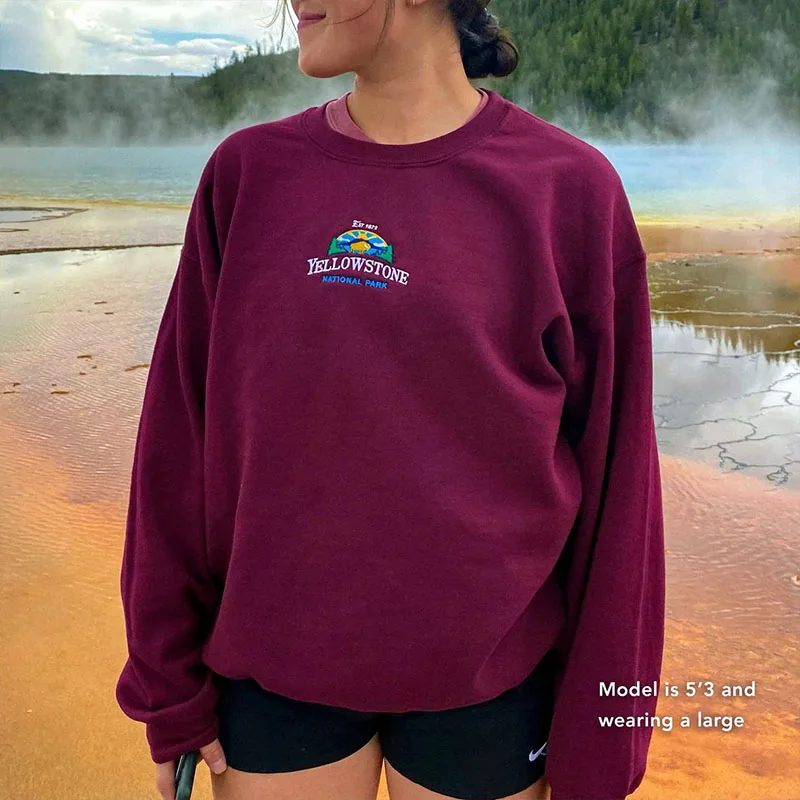 Yellowstone National Park Embroidered Wine Red Unisex Sweatshirts Long Sleeve Loose Cotton Crewneck Autumn Vintage Pullovers