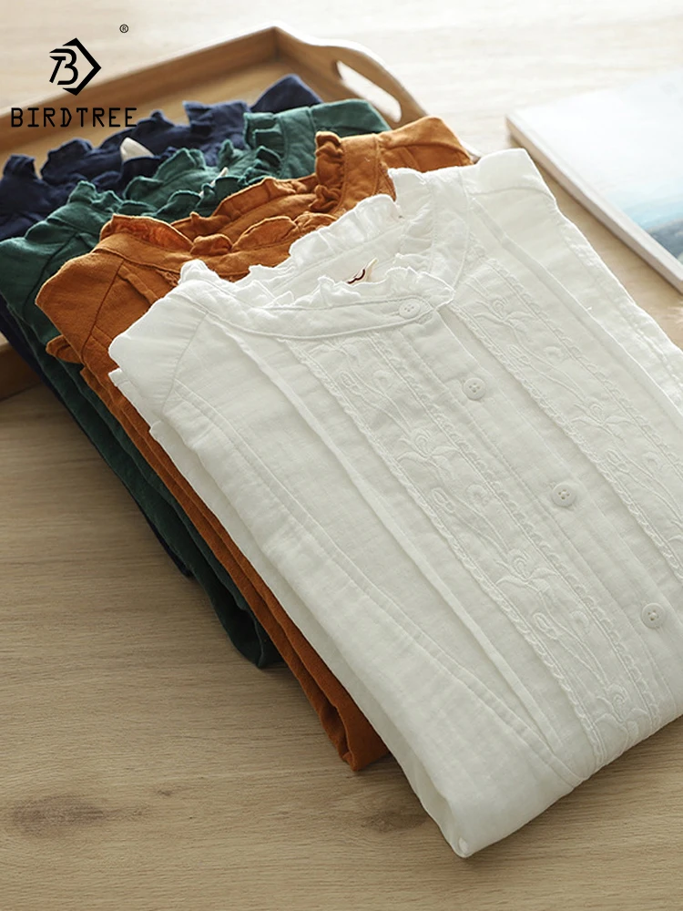 

New 2026 Spring Women Cotton Yarn Long Sleeve Shirt, Stand Embroidery Ruffles, Mori Girl French Commute Loose Blouse T61921CC